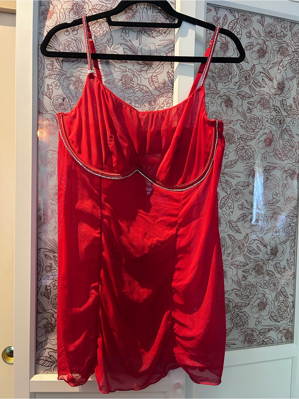 Auden Red Satin & Mesh Slip with Crystal Trim